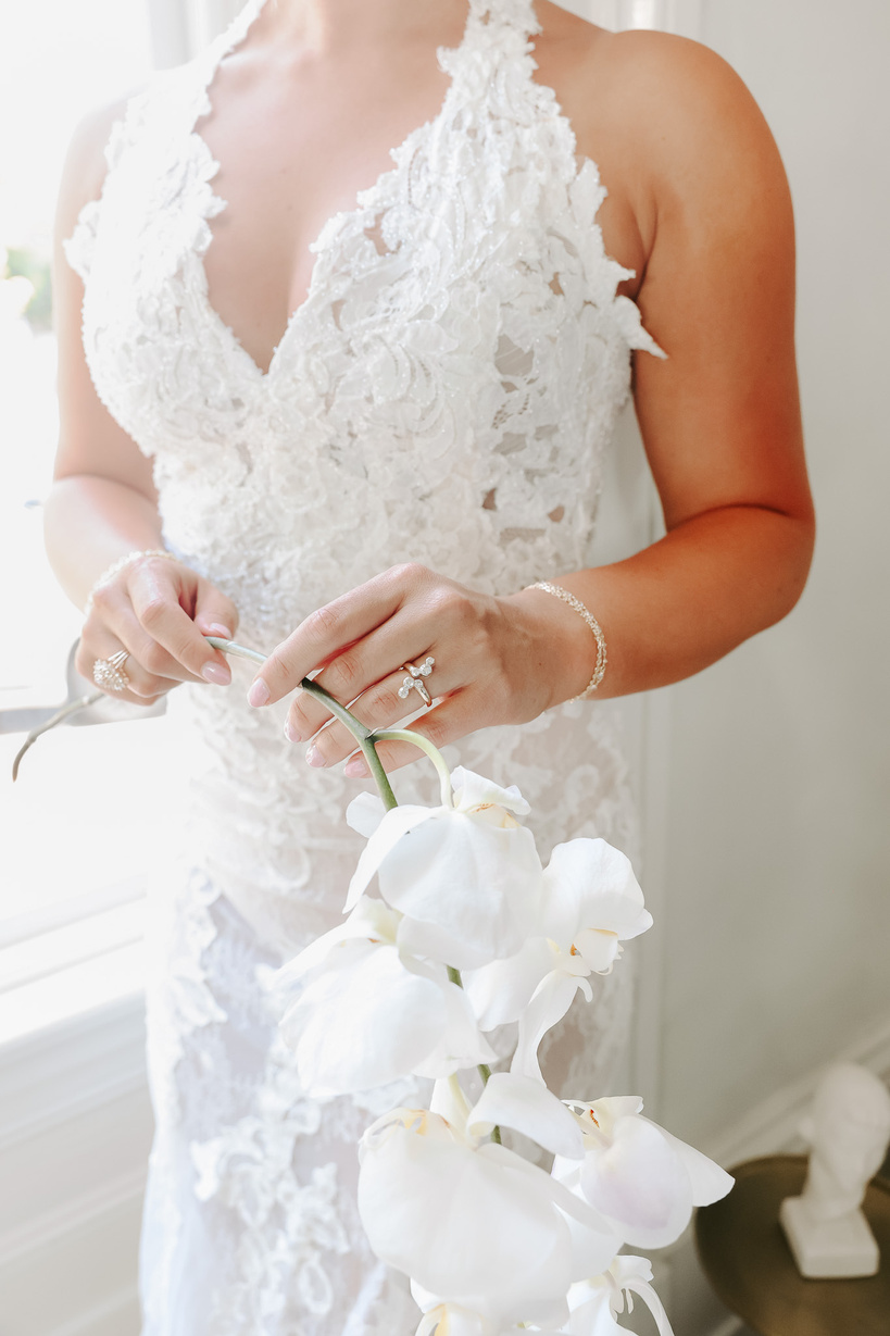 a close up of a person wearing a wedding dress